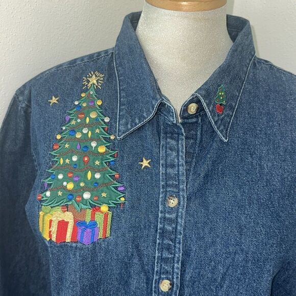 Jean denim Christmas holiday button up down shirt XL embroidered XL cotton - Picture 2 of 7
